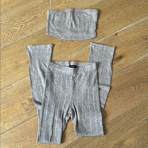 Ribbed Knit High-Waist Leggings and Bandeau Set - Muave/Brown